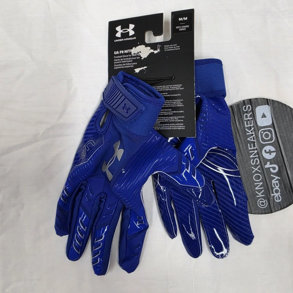 Under Armour F9 Nitro Football Gloves Blue Silver Sticky Grip Men's Size Medium